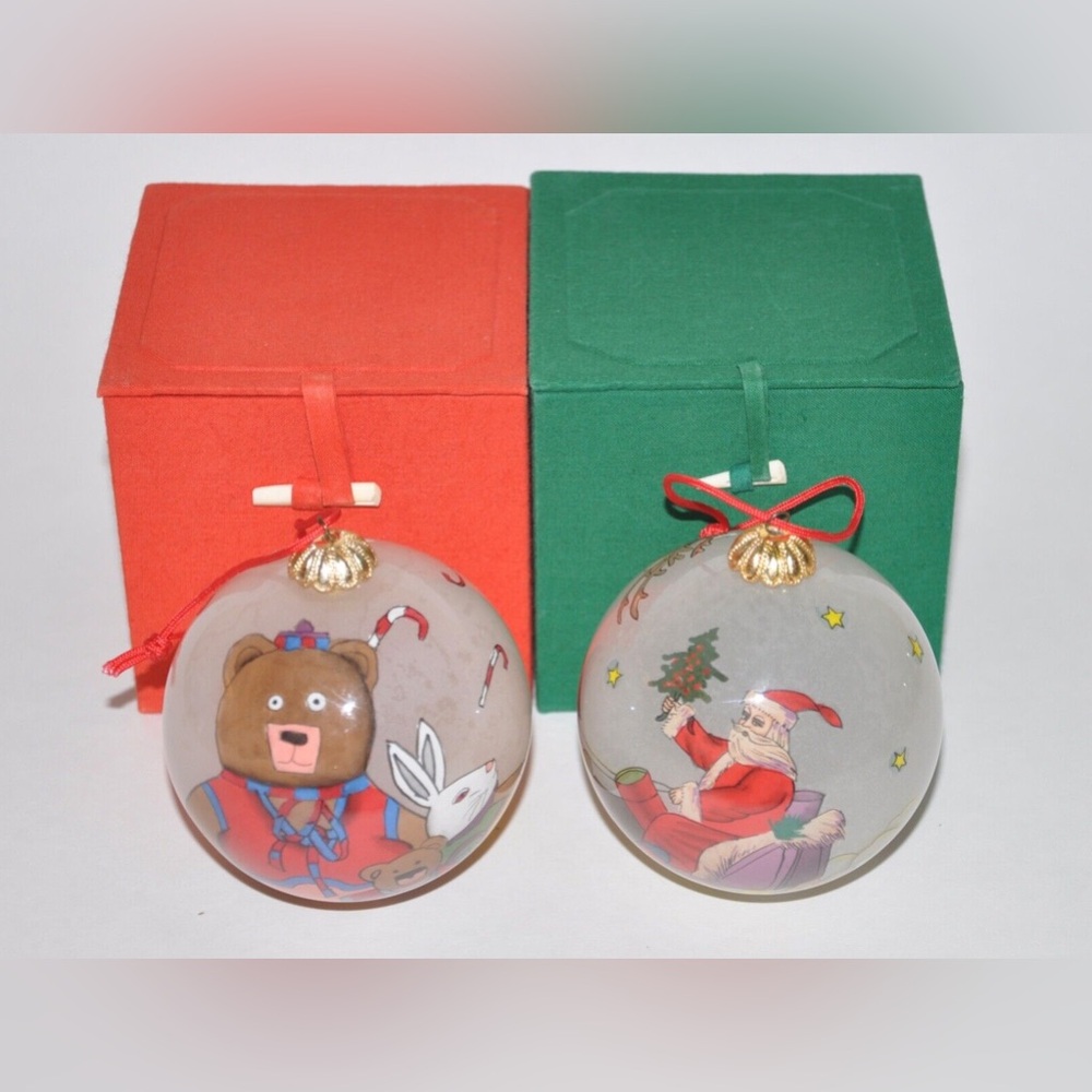 (2) Bill Yee Light Bulb Clear Glass Ball Christmas Ornament Santa and Bear